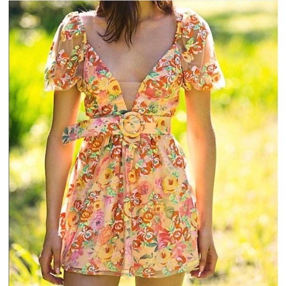 For Love & Lemons Floral Mini Dress Large Golden Yellow Plunge Short Sleeve Nwt - Picture 1 of 15